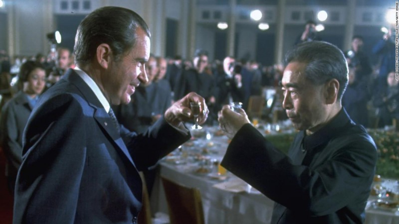 President Richard Nixon toasting Chinese Premier Zhou Enlai at banquet in China in 1972.